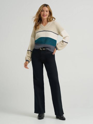 Women's Ribbed V-Neck Color Block  Sweater