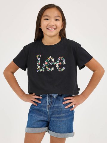 Girl's Drop Shoulder Crop Floral Logo Tee