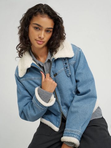 Women's Premium Sherpa Lined Aviator Denim Jacket