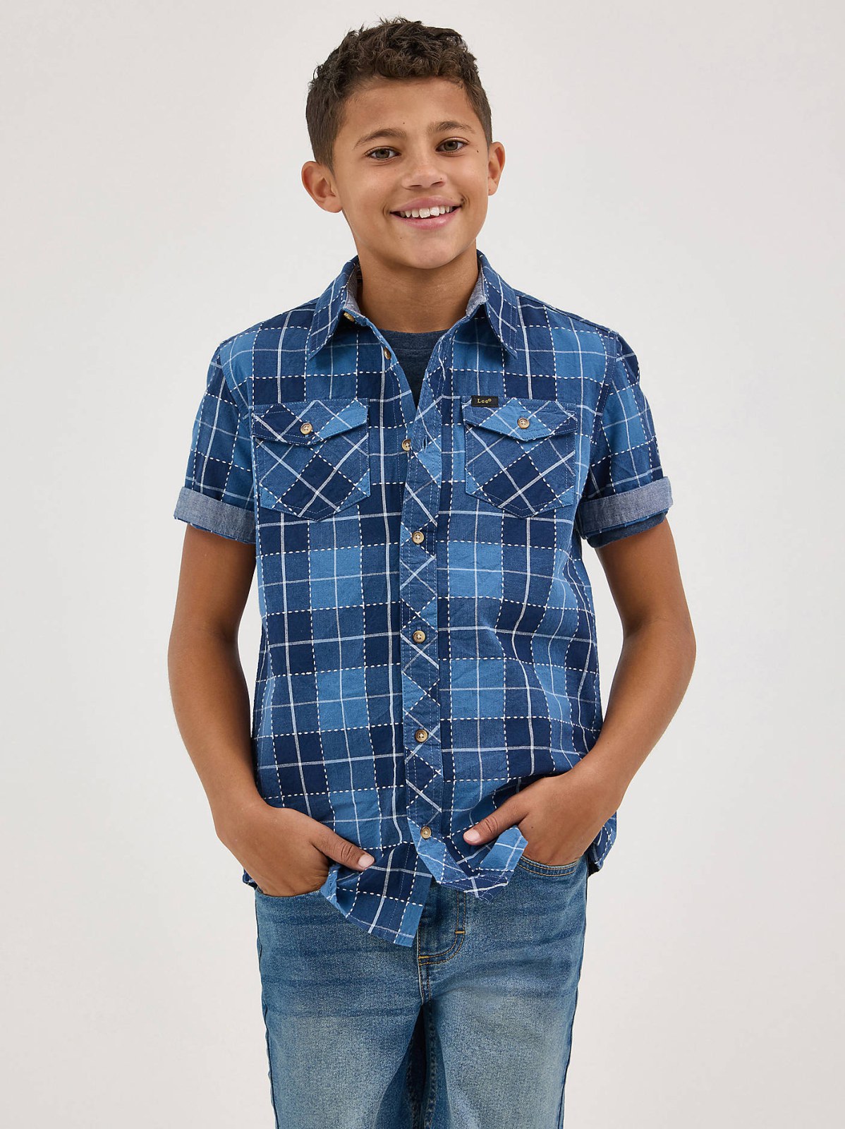 Boy's Chambray Plaid Button Down Shirt