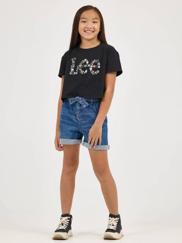 Girl's Drop Shoulder Crop Floral Logo Tee